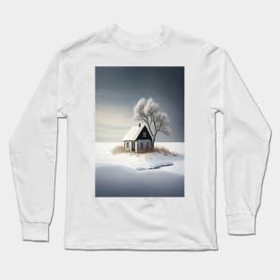 Minimalist Winter Landscape Isolated Cottage Snow Covered Tree Long Sleeve T-Shirt